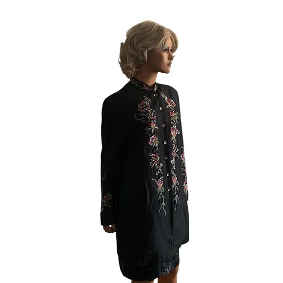Vtg Embroidered Floral Jacket Blazer Silk Blend M Women’s Banded Collar Black - Picture 4 of 16